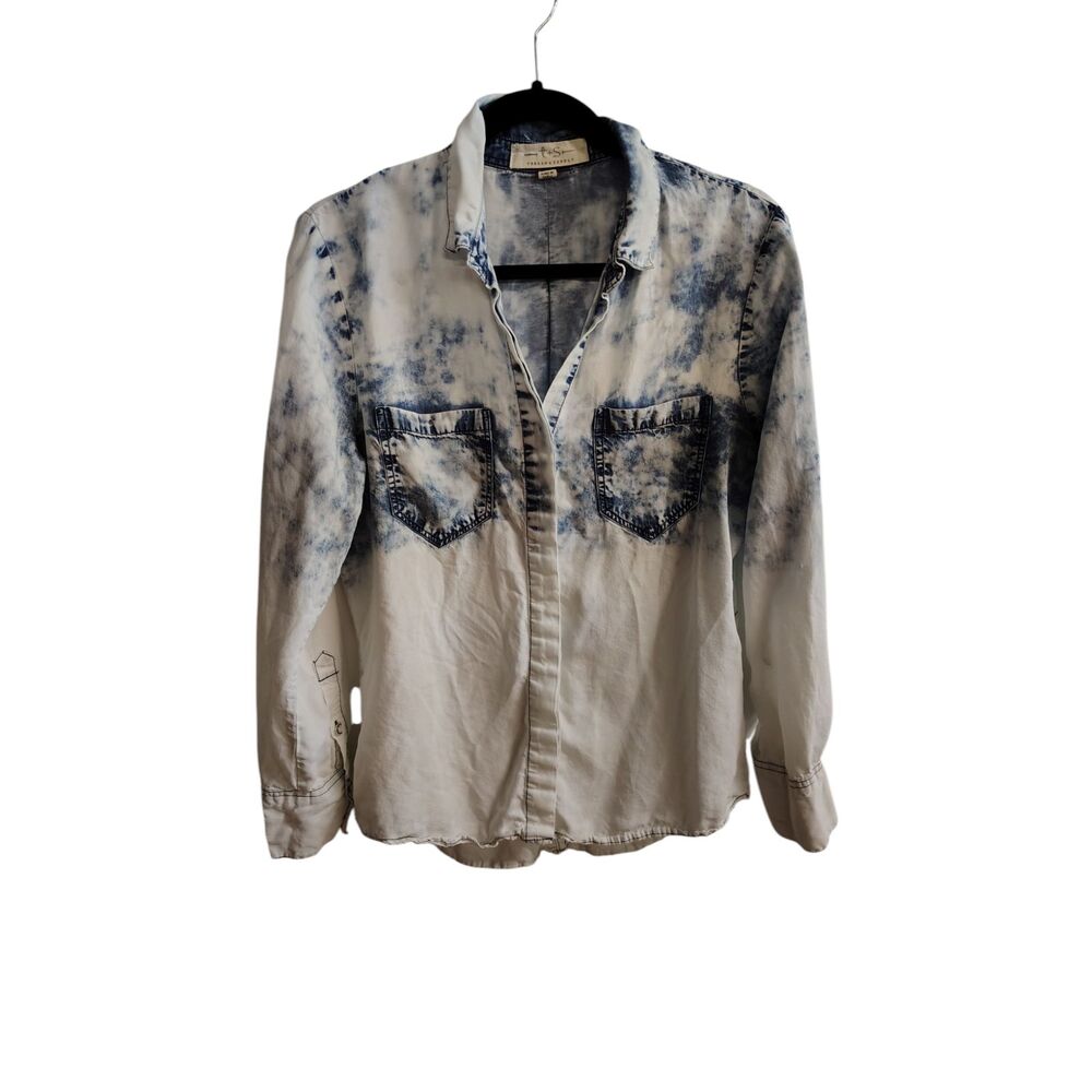 Thread & Supply Lyocell Acid Wash Ombre Button Down Chambray Shirt Blue | Size M
